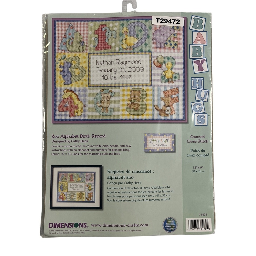 Dimensions Zoo Alphabet Birth Record Stamped Cross Stich Kit 73472 Baby Hugs